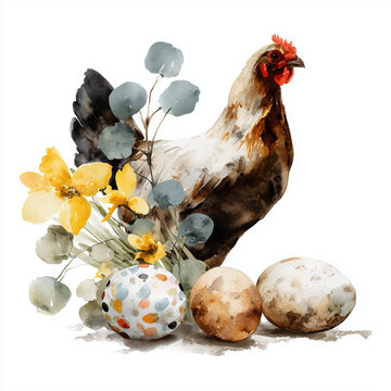 Watercolor Easter elegant illustration with chicken, pastel subdued colors, elegant mood, decorated Easter eggs, spring flowers, decoupage style