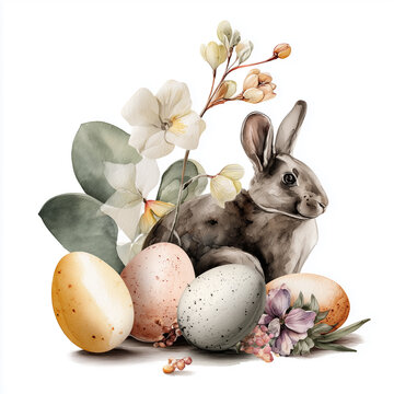 Watercolor Easter elegant illustration with rabbit, pastel subdued colors, elegant mood, decorated Easter eggs, spring flowers, decoupage style
