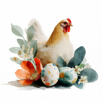 Watercolor Easter elegant illustration with rooster, pastel subdued colors, elegant mood, decorated Easter eggs, spring flowers, decoupage style
