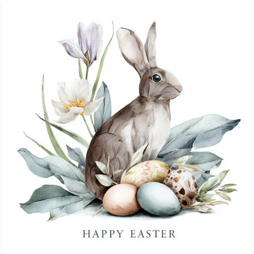 Watercolor Easter elegant illustration, pastel subdued colors, elegant mood, decorated Easter eggs, spring flowers, decoupage style