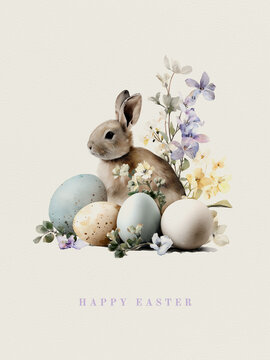 Elegant watercolor Easter card with bunny, eggs and flowers, hand-painted look, pastel colors