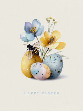 Elegant watercolor Easter card with bee, eggs and flowers, hand-painted look, pastel colors