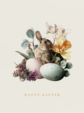 Elegant beige watercolor Easter card with hare, eggs and flowers, hand-painted look, pastel colors