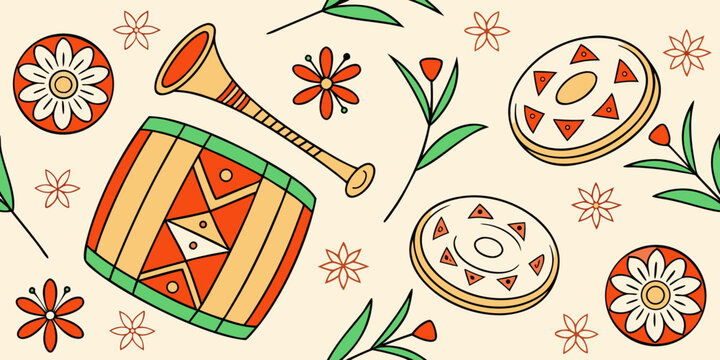 Colorful pattern featuring traditional musical instruments and floral designs for celebrating Bohag Bihu, showcasing vibrant colors and intricate details on a light background