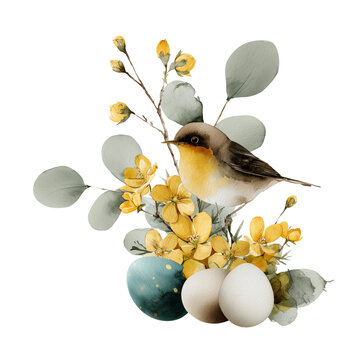 Watercolor Easter elegant illustration with brown bird, pastel subdued colors, elegant mood, natural Easter eggs, beige flowers, isolated, transparent background