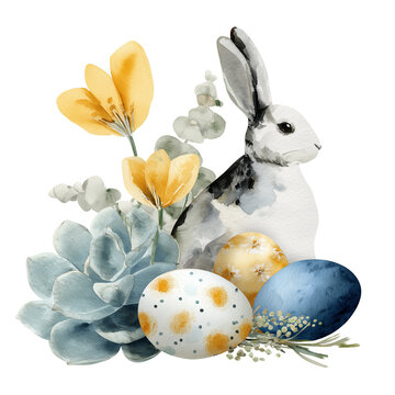 Watercolor Easter elegant illustration with bunny, pastel subdued colors, elegant mood, decorated Easter eggs, spring flowers, transparent background
