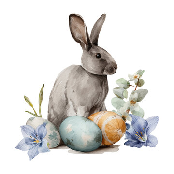 Watercolor Easter elegant illustration with dark brown hare, pastel subdued colors, elegant mood, natural Easter eggs, beige flowers, transparent background