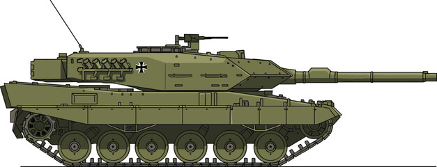 Side profile illustration of modern German Leopard 2A7 battle tank in green camouflage with turret, long barrel gun, insignia, armor plating, tracks, and mounted equipment for defense visualization. © Irin Akter