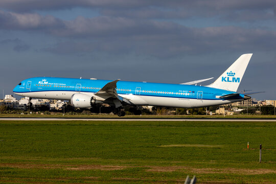 Luqa, Malta - February 27, 2026: KLM - Royal Dutch Airlines Boeing 787-10 Dreamliner (REG: PH-BKD) arriving in Malta for servicing.