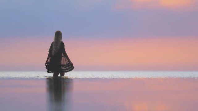 A girl with blond chic hair in a black bikini and a lace shawl walks along the estuary
