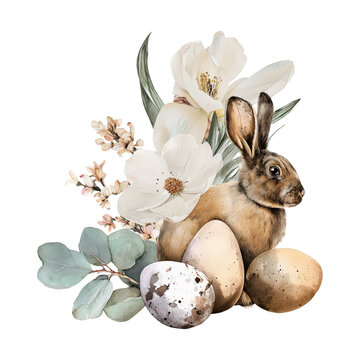 Watercolor Easter elegant illustration with brown bunny, pastel subdued colors, elegant mood, natural Easter eggs, beige flowers, transparent background