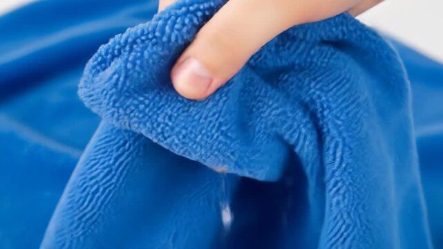 A hand holding a vibrant blue microfiber cloth with a textured surface
