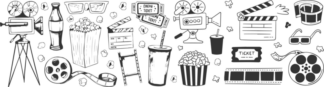 Hand Drawn Cinema and Movie Theater Doodle Icons Set, Film Festival Elements in Sketch Style Vector Illustration for Posters, Banners, Flyers and Advertising
