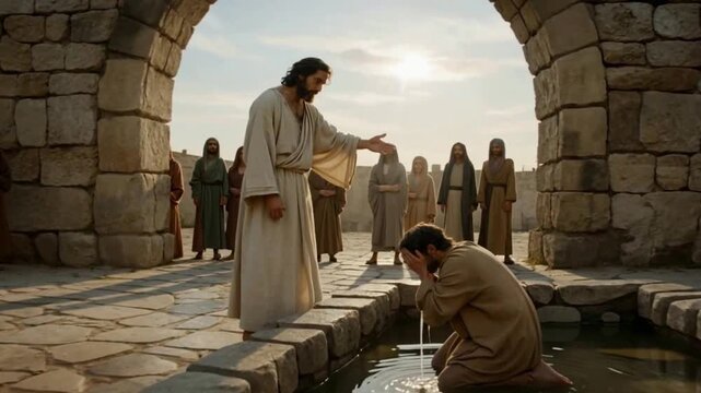 Biblical account of the healing at the Pool of Bethesda, where Jesus is shown interacting with a blind man. 