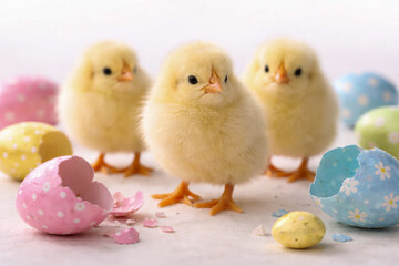 Three fluffy yellow chicks standing among broken colorful Easter eggs on soft background spring holiday concept