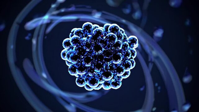 Cluster Rotating Within Fluid Motion. Closeup Of Molecular Cluster In Swirling Fluid With Reflections. Visualization Of Nanoscale Molecular Movements Within Dynamic Blue Fluid Environment