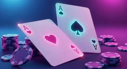 A close-up of two playing cards and stacks of poker chips on a purple background