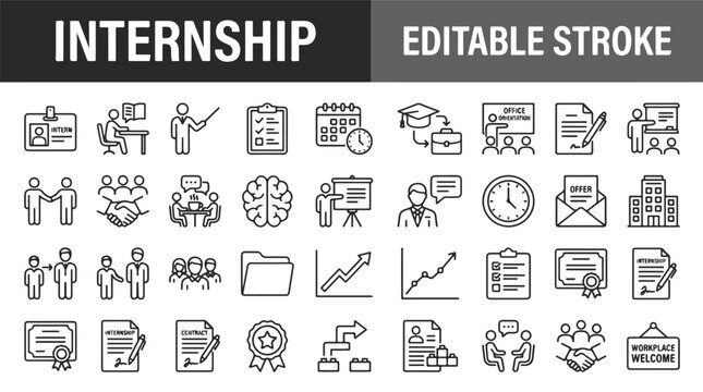 Internship program line icons set, job training and career development