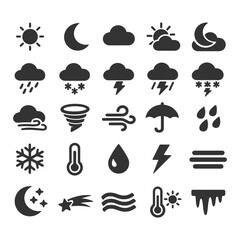 Naklejka premium Weather icons set: sun, moon, clouds, rain, snow, wind, thunderstorm, umbrella.