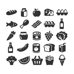 Icon set of various food items and ingredients including bread, cheese, milk, and vegetables.
