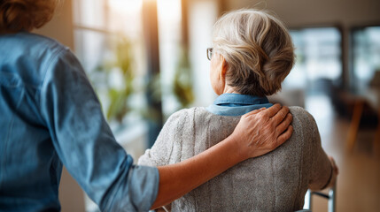 Fototapeta premium Wide bright home scene of a faceless caregiver from behind walking closely beside an elderly woman using a walker in a bright home corridor one hand positioned protectively