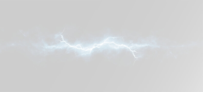 Powerful blue lightning discharge with glowing plasma energy arc and realistic smoke cloud for futuristic high voltage design overlay bolt effect png