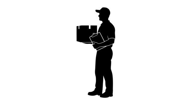 Man carrying boxes in silhouette form.