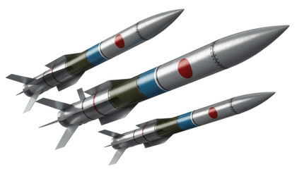 Three japanese missiles with red circles on white background isolated isolated on a transparent background