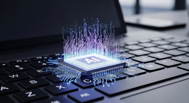 Glowing AI chip on a laptop keyboard representing artificial intelligence and advanced technology perfect for digital innovation concepts