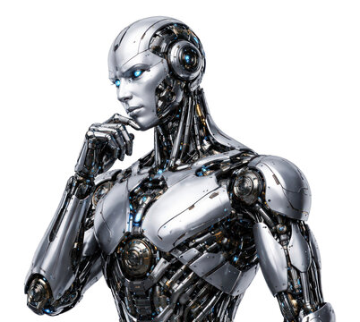 PNG Futuristic robotic humanoid pondering.