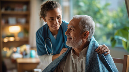 Naklejka premium Wide bright nursing home bedroom scene of a smiling nurse from the side carefully draping a soft blanket over an elderly male resident seated in a chair a stethoscope visible