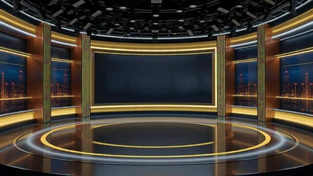 Modern television studio with large screen and gold accents for news broadcast or presentation with cityscape at night