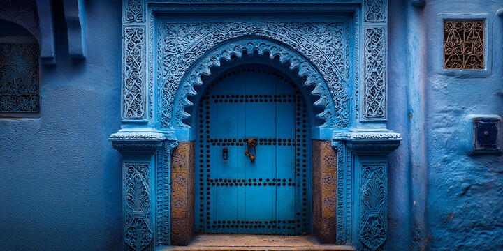 close-up of Moroccan blue doorway in Chefchaouen, intricate patterns, premium color grading