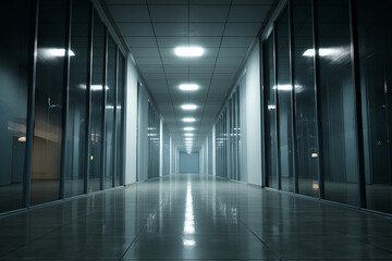 Empty corporate office corridor at night, dim fluorescent lights, clean minimal architecture, eerie and quiet