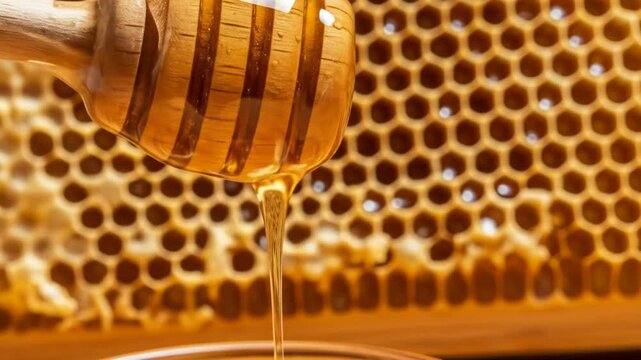 A wooden honey dipper pouring golden honey into a container with a honeycomb background