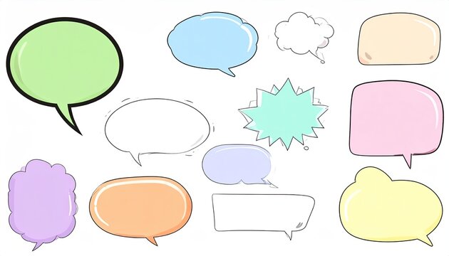 Collection of colorful, cartoon-style speech bubbles arranged on a white background