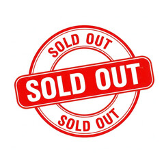 Red circular sold out stamp with bold white letters isolated on transparent background
