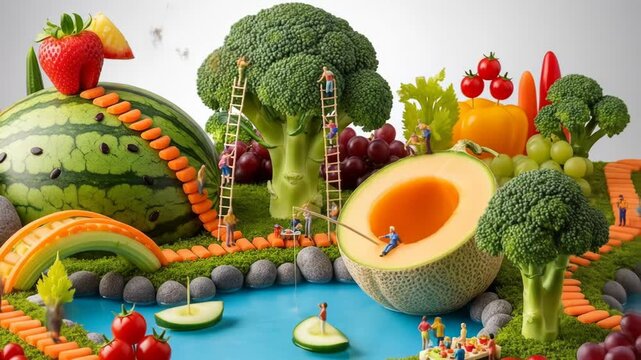 A vibrant and whimsical still life of a miniature scene featuring a variety of colorful fruits and vegetables arranged to resemble a fantastical landscape