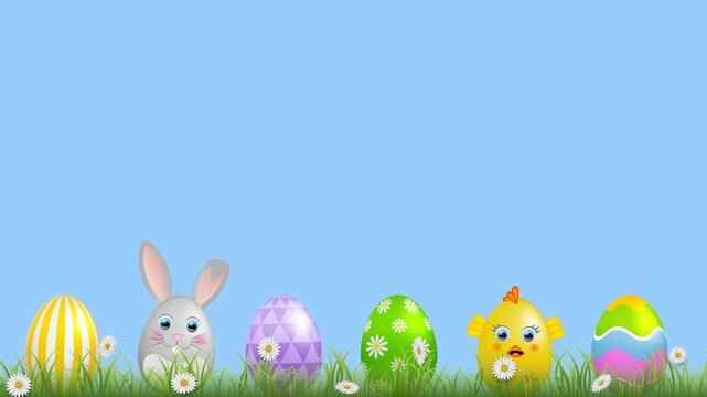 easter animated background with colorful eggs, grass and flowers