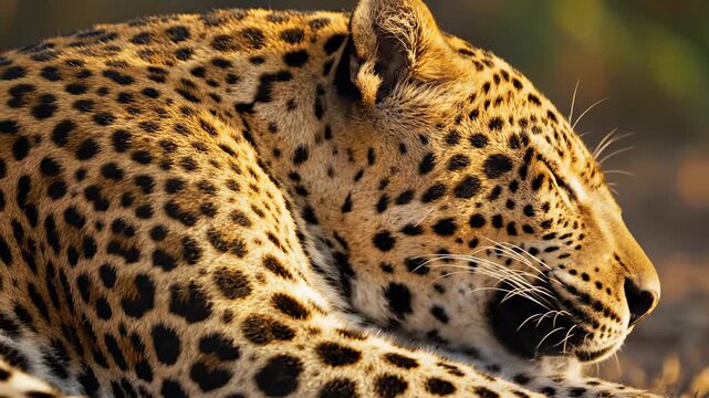 Majestic Leopard Resting Close-up of Spotted Fur and Whiskers in Golden Sunlight Ideal for Wildlife Documentaries and Nature Conservation Projects.