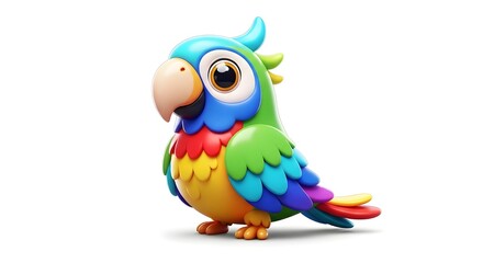 A cheerful, colorful 3D parrot with a sleek, glossy design. This cute character features vibrant rainbow feathers and a friendly expression, perfect for modern digital assets.