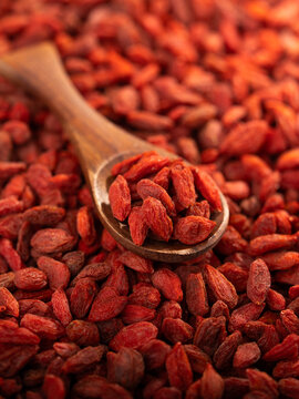 Dried Goji berries or Wolfberry scattered, vibrant red, closeup composition.
