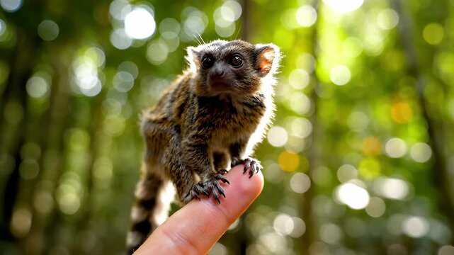 Adorable Pygmy Marmoset perched on a human finger in a sunlit tropical forest perfect for wildlife documentaries and nature conservation content.