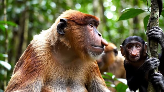 Majestic Proboscis Monkey close-up in a lush green jungle, ideal for wildlife documentaries and nature conservation educational content.
