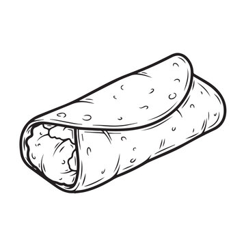 Hand Drawn Burrito Illustration Mexican Food Staple Simple Line Art Isolated on White