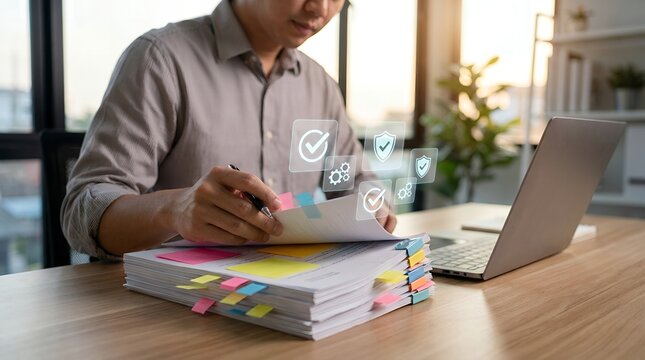 Man checking documents with laptop and colorful sticky notes