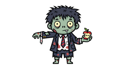 Cartoon zombie boy in suit holding apple.