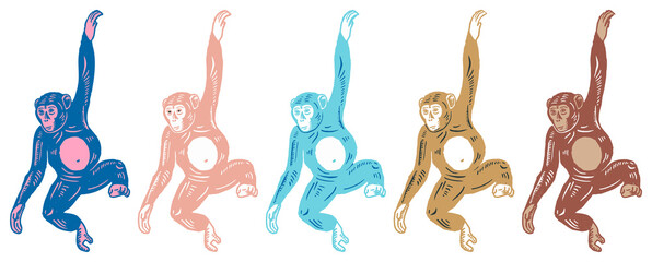 PNG Colorful swinging monkey illustrations element set on transparent background © Rawpixel.com