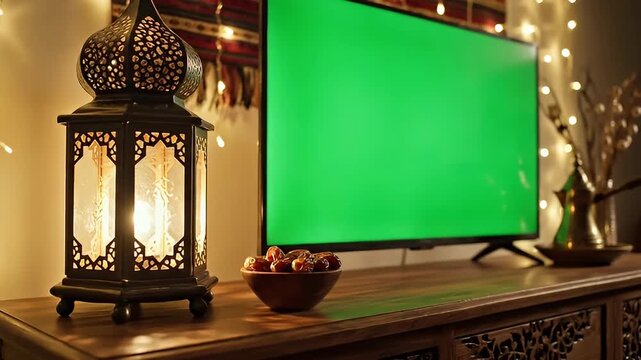 Green screen on wooden table with lantern.