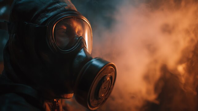 Faceless person in gas mask explores industrial site with smoke and light effects during emergency situation